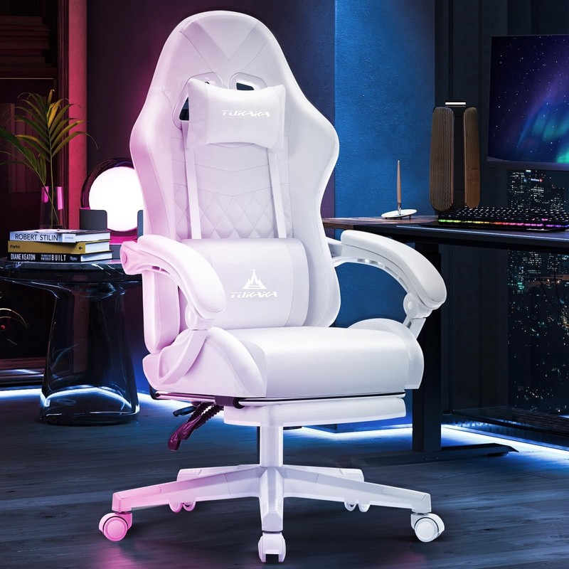 White Gaming Chair,Ergonomic Massage Computer Office Desk Chair with Footrest... gallery