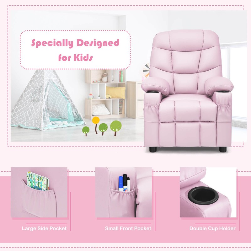 Honeyjoy Kids Youth Recliner Chair PU Leather w/Cup Holders & Side Pockets Pink gallery