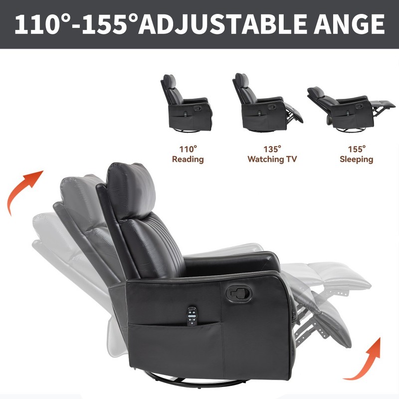 Faux Leather Heat Massage Manual Recliner 360° Swivel Rocker Black 155° Recline gallery
