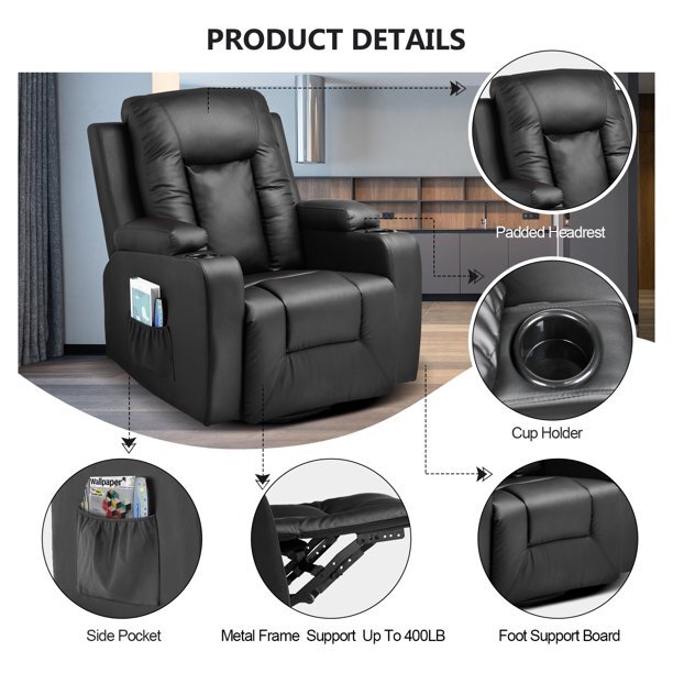 Recliner Chair Leather Sofa with Heated Massage Living Room Chair Black Brown gallery