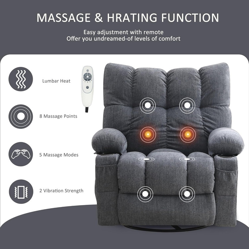 Oversized Massage Swivel Recliner Chair with Lumbar Heating for Living Room Rock gallery