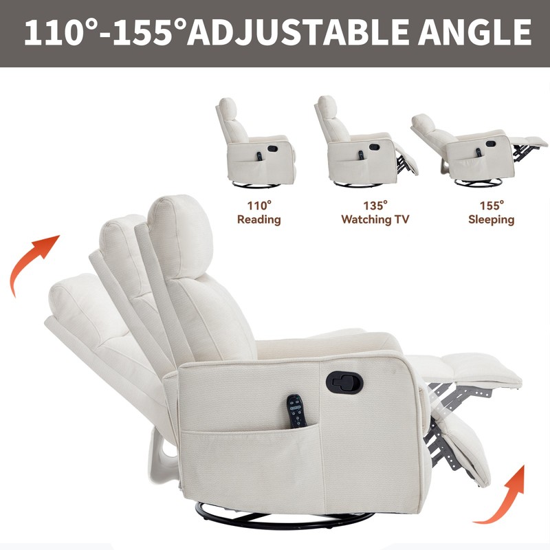 Beige Fabric Recliner Chair with Massage, Heat, Swivel & Rocker gallery