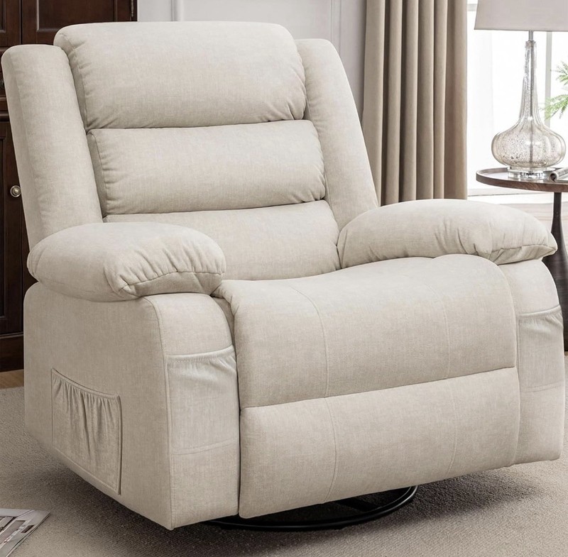 Beige Fabric Electric Massage Recliner, Heated Vibration, 360 Swivel, Remote