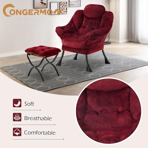 Lazy Chair with Folding Ottoman,Leisure Sofa Chair,Soft Fabric Plush Red gallery
