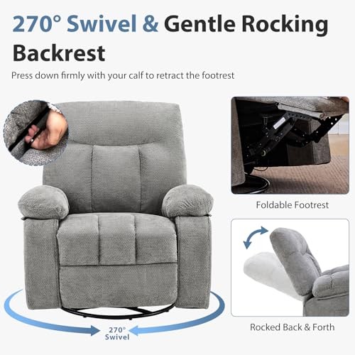 Rocker Recliner Chair, Swivel Recliner with Vibration Massage & Lumbar Grey gallery