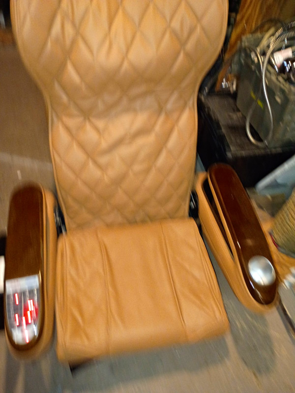 Electric Massage Chair Cushion Beige/Brown Faux Leather, Wood Armrests Controls