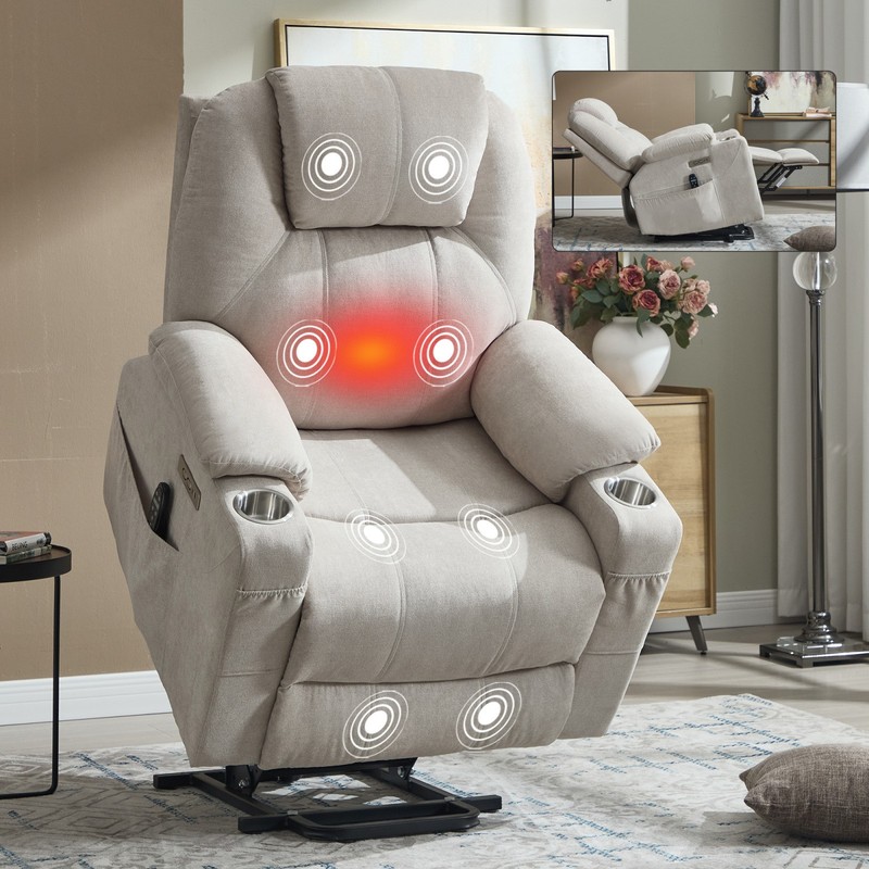 Power Lift Recliner Chair 350 lbs Beige 8-Point Vibration Massage & Heat