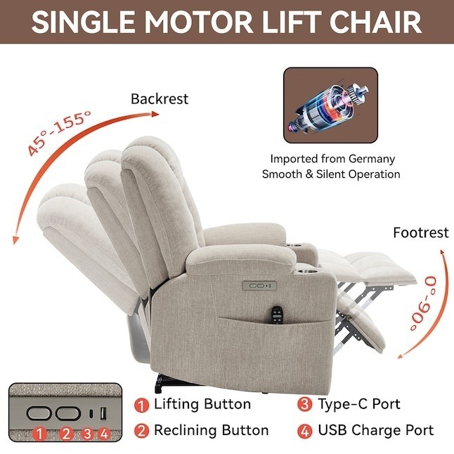 GZMR Power Lift Recliner w/ Heat & 8-Point Massage, Beige Chenille gallery