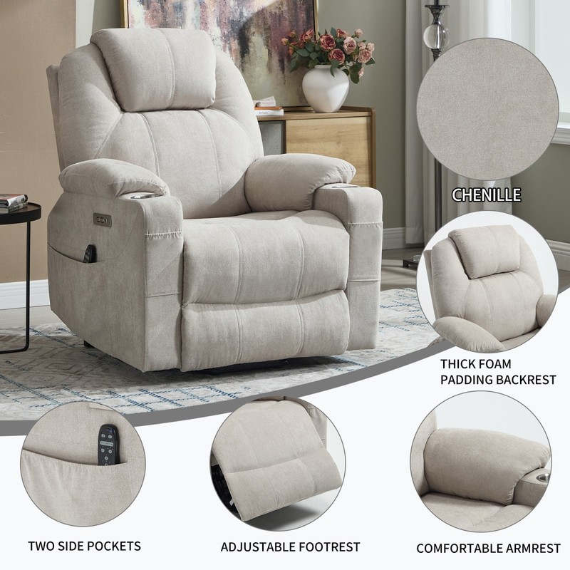 Power Lift Recliner Chair 350 lbs Beige 8-Point Vibration Massage & Heat gallery