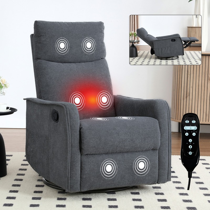 Manual Recliner Chair with Massage, Heat, Rocker & Swivel, Grey