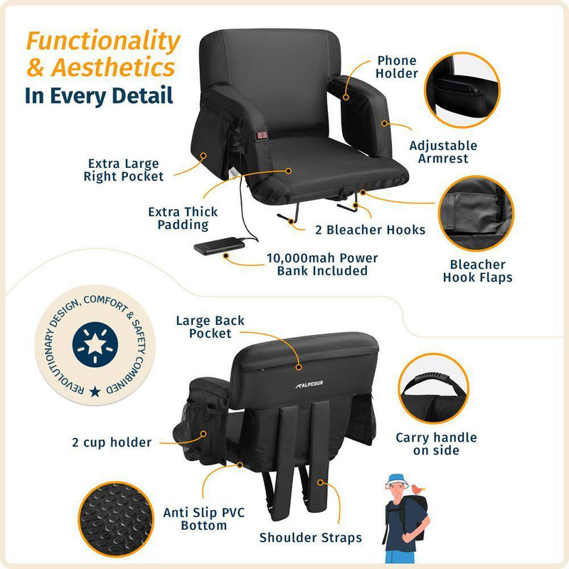 Premium Heated Massage Reclining Stadium Seat 21 In. Wide Bleacher Chair W/ Back gallery