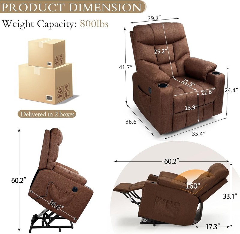 Heavy lift recliner with heat massage, side pockets and USB charging ports gallery