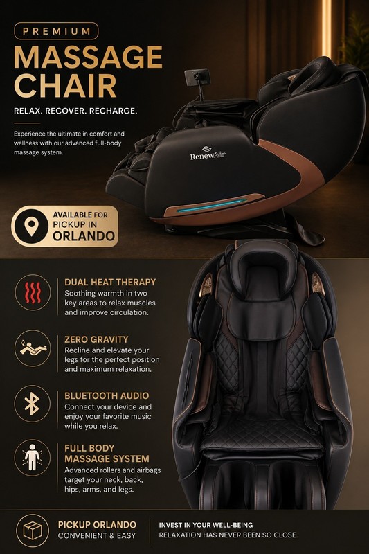 RenewAir Full Body Massage Chair Zero Gravity Heat Bluetooth Airbag S-Track gallery