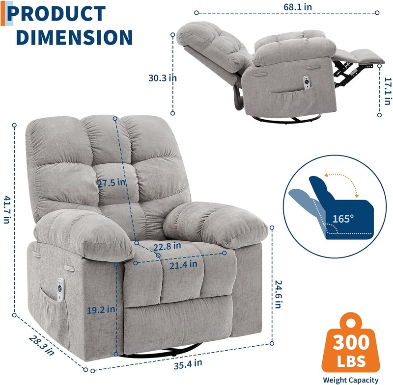 Gray Rocker Recliner Chair with Massage, Heat & 360° Swivel for Comfort gallery
