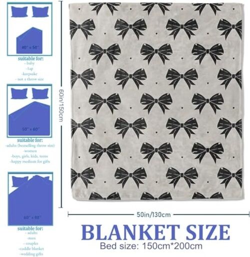 Throw Blanket for Women Girls Boys, Soft Flannel Blankets 50"x60" Black Bow gallery