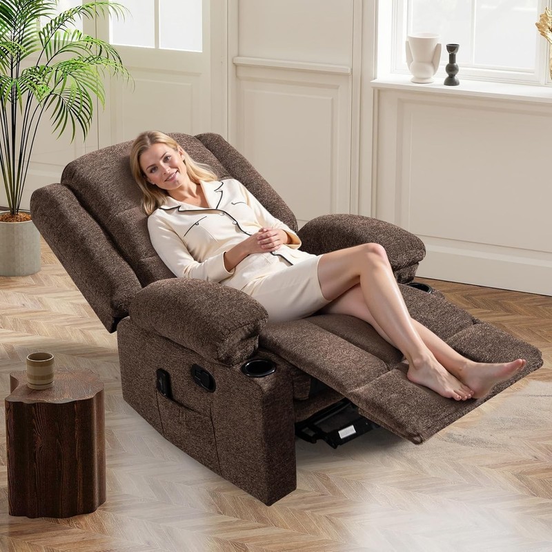 Manual Recliners with Massage and Heat for Adults, Classic Breathable Fabric ... gallery