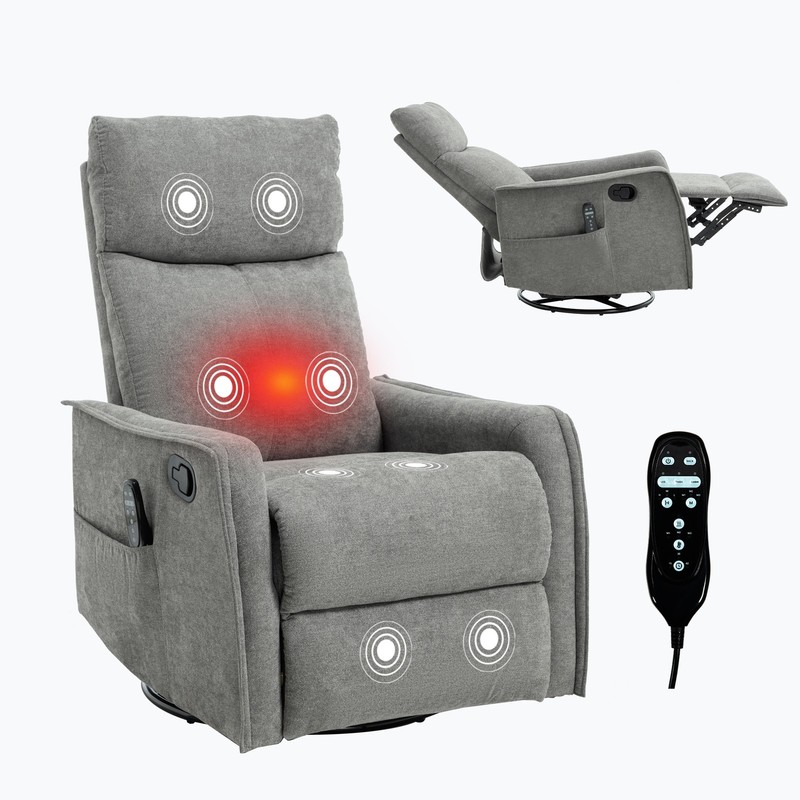 Manual Recliner Chair with Massage, Heat, Swivel & Rocker, Light Grey