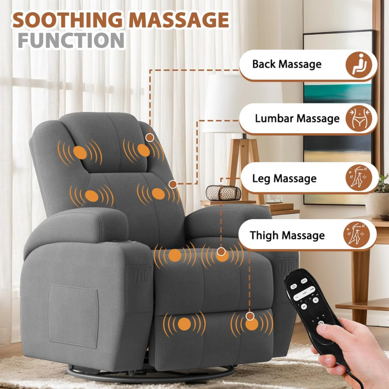 Vibrating Swivel Rocker Recliner Chair with Cup Holders - Gray Fabric gallery