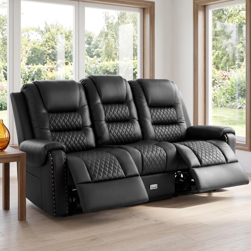 Black Heavy Duty 3Seat PU Leather Massage Chair Recliner Couch Sofa w/Drawer,USB