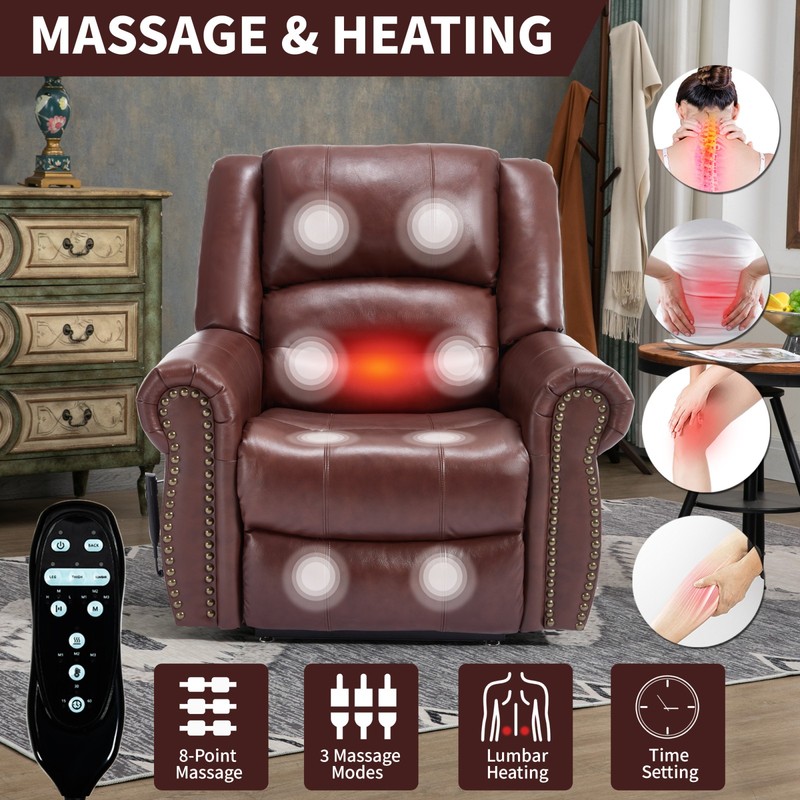 Power Lift Recliner Chair with Heat & Massage, Dual Motor, Genuine Leather, Red gallery