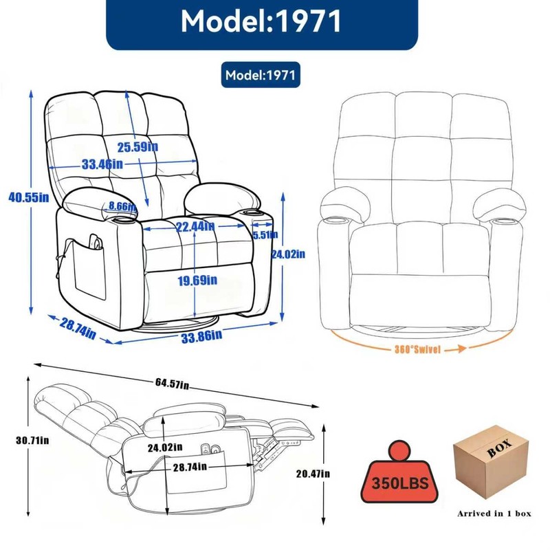 Heat Massage Manual Recliner Chair w/Rocker Fabric Swivel Chair Massage Chair gallery