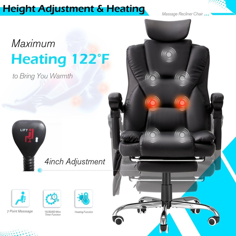 Massage Office Chair Heat Reclining Footrest Executive Chair Black Leather gallery