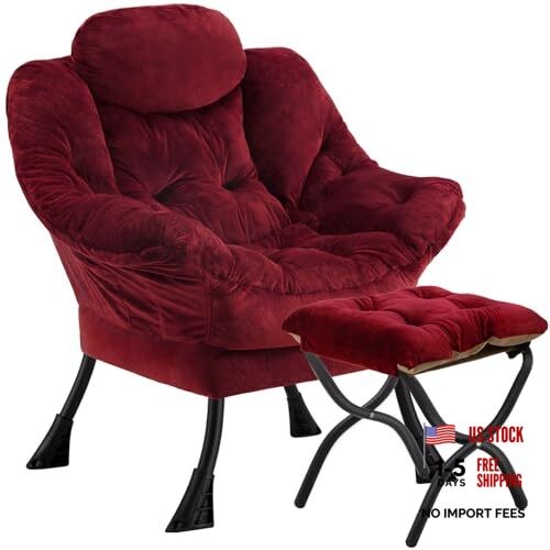 Lazy Chair with Folding Ottoman,Leisure Sofa Chair,Soft Fabric Plush Red