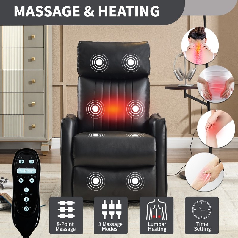 Faux Leather Heat Massage Manual Recliner 360° Swivel Rocker Black 155° Recline gallery