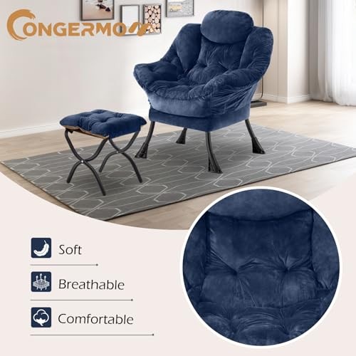 Lazy Chair with Folding Ottoman,Leisure Sofa Chair,Soft Fabric Plush Navy gallery