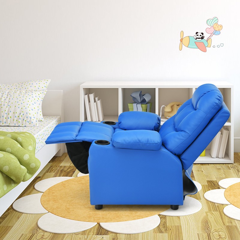 Costway Kids Youth Recliner Chair PU Leather w/Cup Holders & Side Pockets Blue gallery