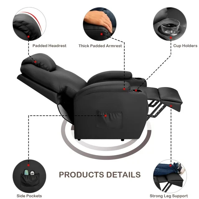 Heated Recliner Chair with USB Port 8 Node Massage Cup Holders and More Black gallery