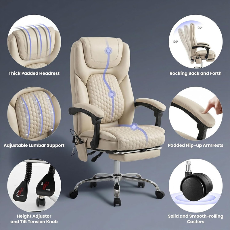 Massage Office Chair with Heat and Footrest - 3-Level 65°C Targeted Heating, 20- gallery