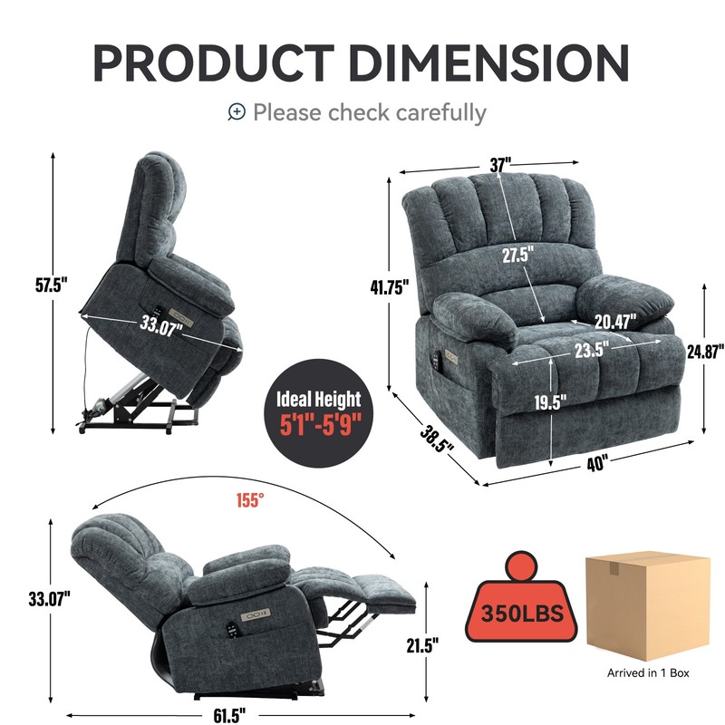 Large Power Lift Recliner Chair High Back Chenille 8-Point Massage Heat 23" Wide gallery