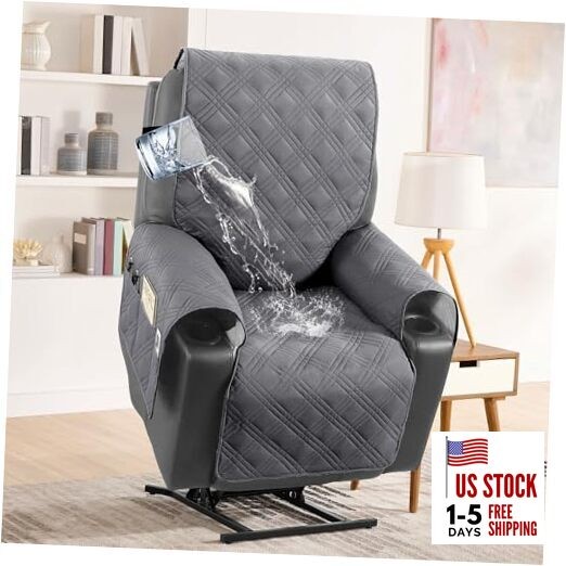100% Waterproof Recliner Chair Cover Nonslip Recliner Cover Stay in Grey/Beige