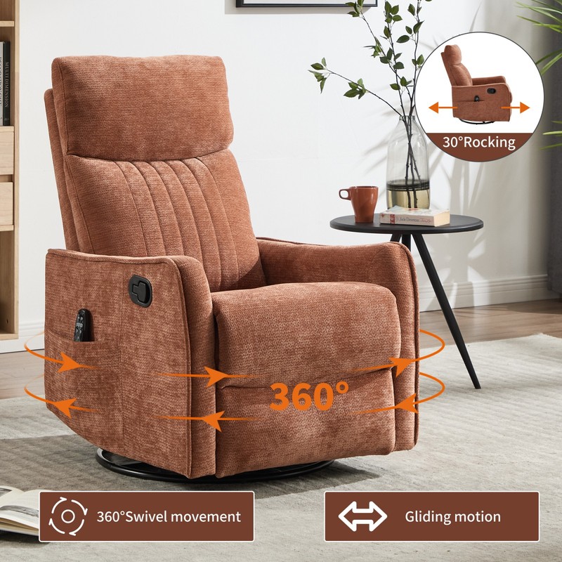 Orange Fabric Manual Recliner Chair with Massage, Heat, Rocker & Swivel gallery