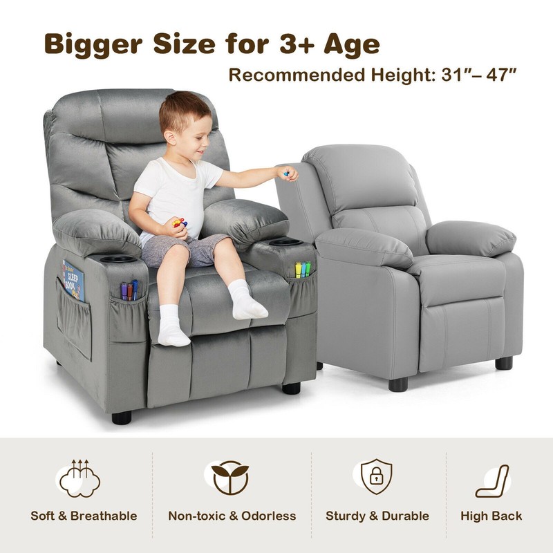 Kids Youth Recliner Chair Velvet Fabric w/Cup Holder & Side Pocket Grey gallery