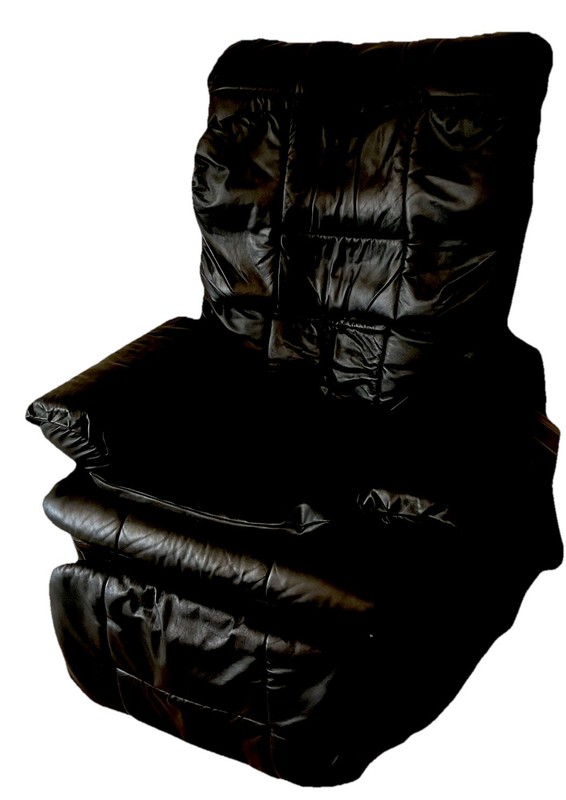 Black leather reclining massage chair with remote control attached for Options gallery