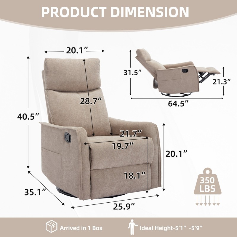 Manual Recliner Chair with Massage, Heat, Rocker & Swivel, Khaki gallery