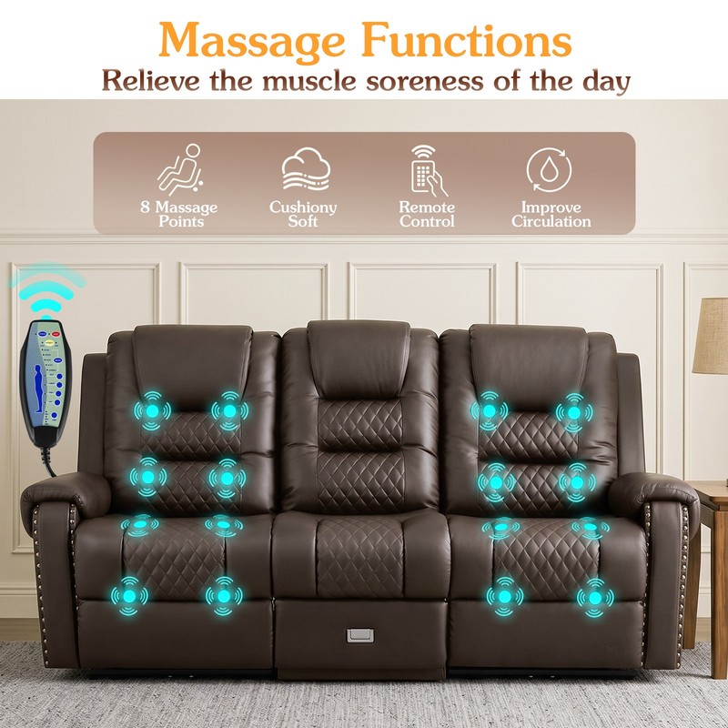Brown Heavy Duty 3Seat PU Leather Massage Chair Recliner Couch Sofa w/Drawer,USB gallery