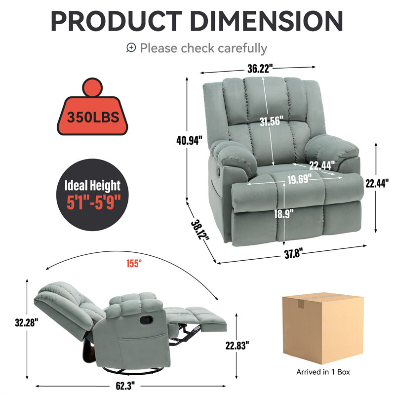 Manual Recliner Chair with Rocker and Swivel in Fabric for Living Room gallery