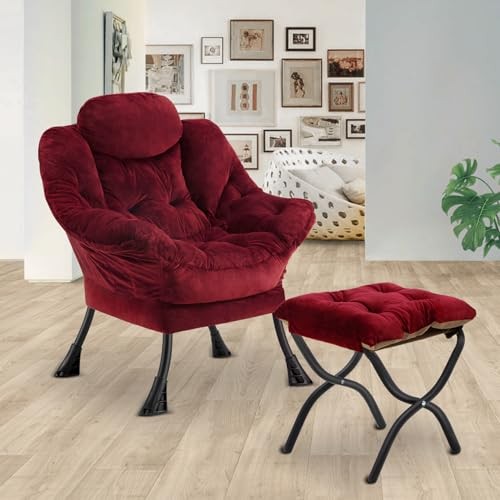 Lazy Chair with Folding Ottoman,Leisure Sofa Chair,Soft Fabric Plush Red gallery