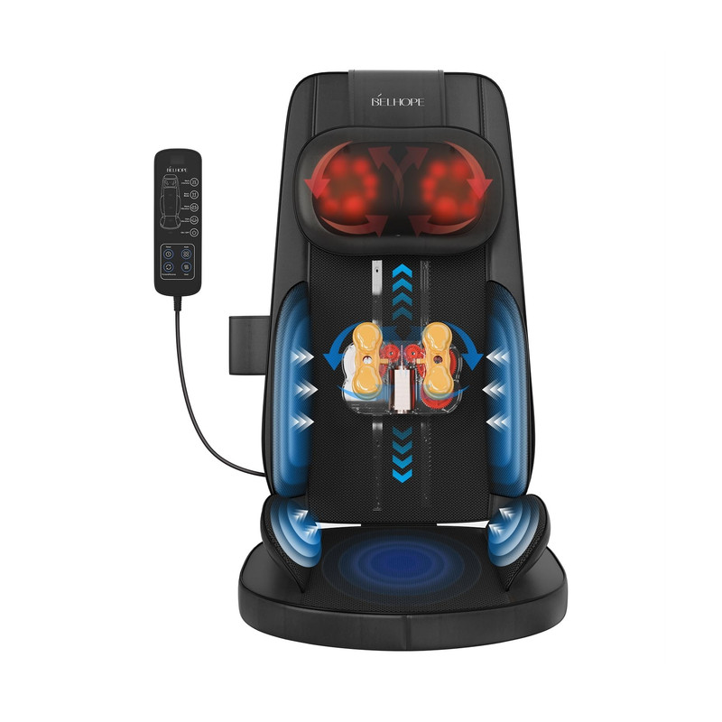 Belhope Heated Rolling Kneading Massage Chair Cushion Black Remote Control