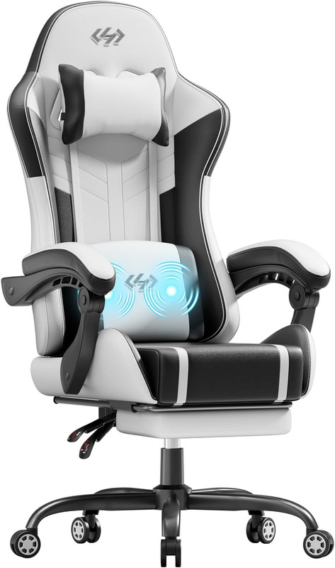 High Back Gaming Chair, USB Massage Lumbar Support, Black&White | PU Leather & P