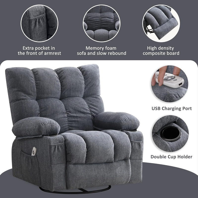 Oversized Massage Swivel Recliner Chair with Lumbar Heating for Living Room Rock gallery
