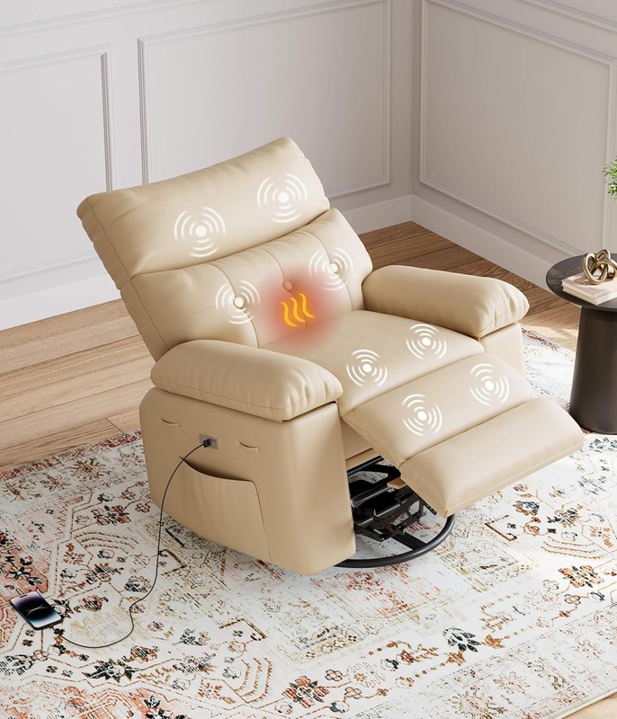 Power Swivel Rocker Recliner w Heating Massage, Faux Leather Glider Chair Adults gallery