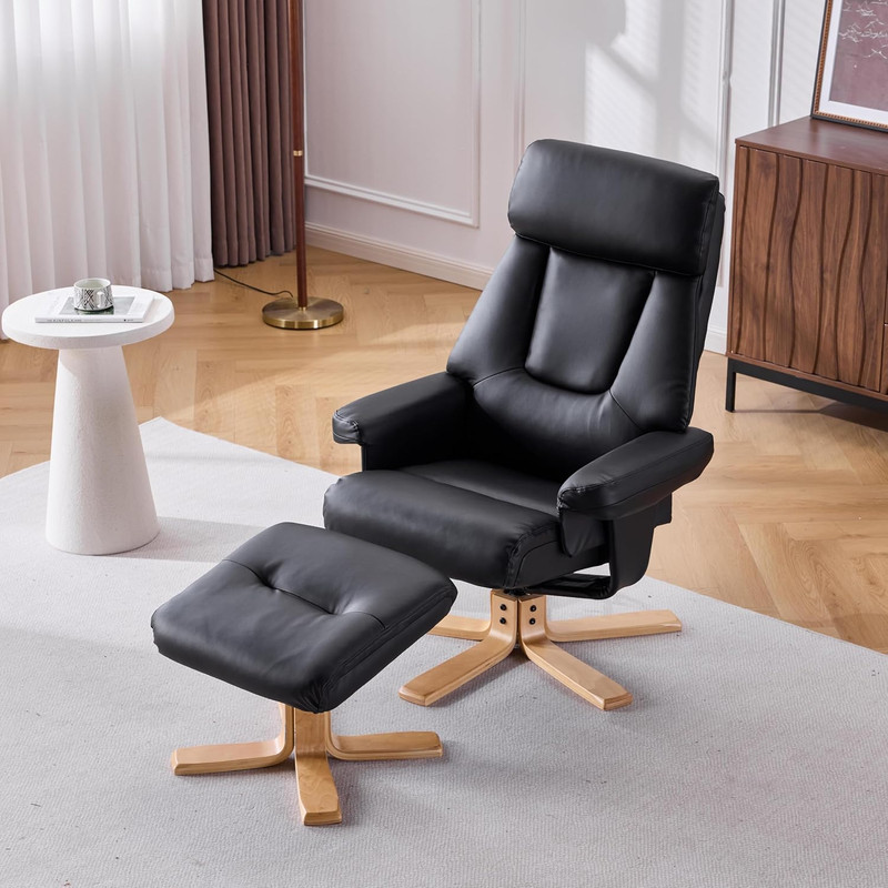 Heated Massage Accent Chair with Ottoman, 360° Swivel, PU Leather, Black