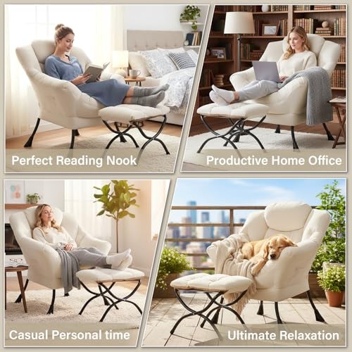 Lazy Chair and Ottoman, Large Velvet Accent Chair with a Side Pocket, Beige gallery