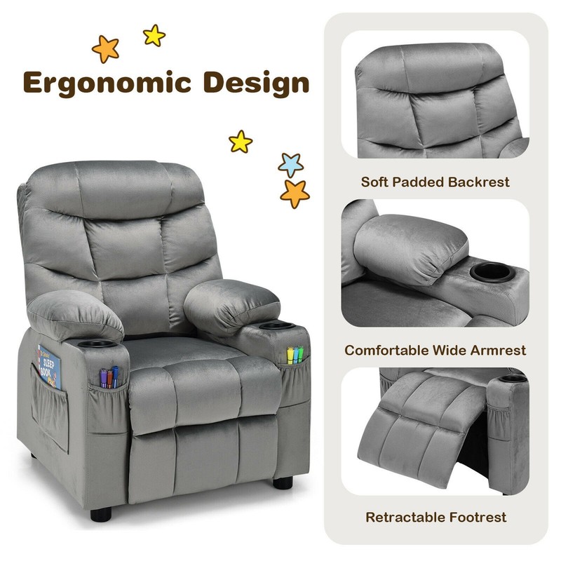 Kids Youth Recliner Chair Velvet Fabric w/Cup Holder & Side Pocket Grey gallery