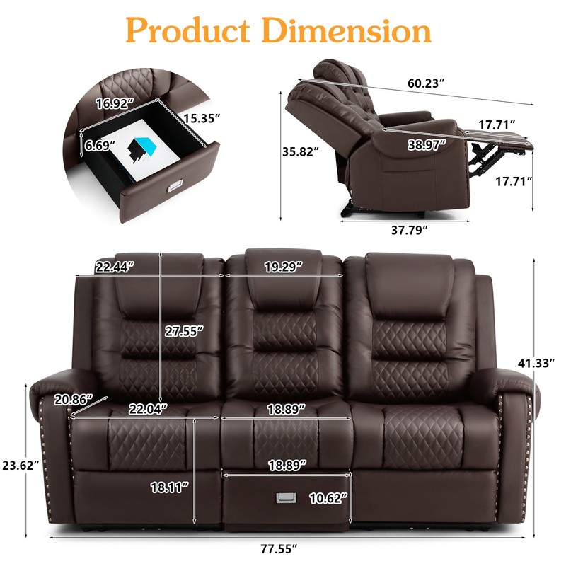 Oversized PU Leather Massage Recliner Chair 3-Seat Sofa Couch w/Drawer,USB Brown gallery