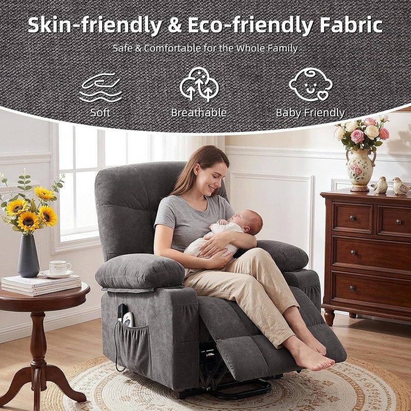Recliner Chair Power Lift Vibration Massage Lumbar Heating Textile Grey gallery